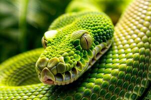 avvicinamento di un' verde serpente con intricato bilancia e rettile struttura nel un' natura ambientazione foto