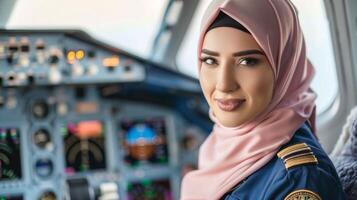 femmina pilota nel hijab con fiducia pose nel il cabina di pilotaggio mostrando uniforme e aviazione professionalità foto