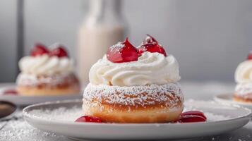 dolce con crema e ciliegia sormontato con in polvere zucchero su un' ripieno di pasta frolla piatto foto