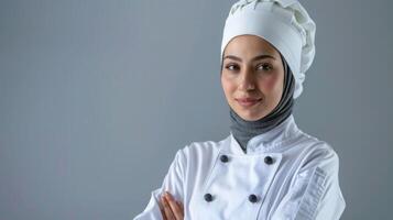 fiducioso femmina capocuoco nel hijab e uniforme pose nel un' culinario cucina ambientazione foto