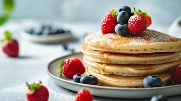 Pancakes con mirtilli e fragole sormontato con sciroppo e in polvere zucchero su un' bianca piatto foto