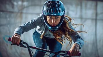 femmina bmx ciclista indossare un' casco mostre intenso concentrazione e azione durante un urbano estremo sport sessione foto