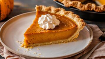 un' delizioso zucca torta con frustato crema Perfetto per un' dolce ringraziamento dolce foto