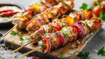 delizioso grigliato kebab spiedini con carne e verdure servito su di legno tavola foto