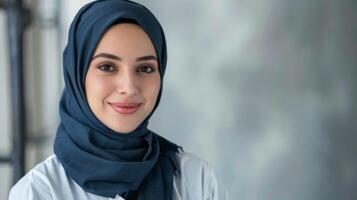 ritratto di un' fiducioso donna nel hijab e idraulico uniforme sorridente professionalmente foto