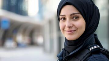 ritratto di un' fiducioso musulmano poliziotta nel hijab e uniforme sorridente nel urbano ambientazione foto