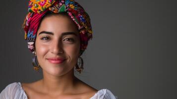 venezuelano donna con un' luminosa Sorridi indossare un' vivace foulard e culturale orecchini nel un' allegro ritratto foto