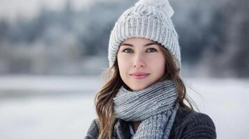 ritratto di un' giovane donna nel inverno con Beanie e sciarpa contro un' nevoso foresta fondale foto