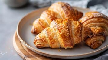 d'oro fragili Cornetti servito per un' delizioso francese prima colazione trattare su un' piatto foto