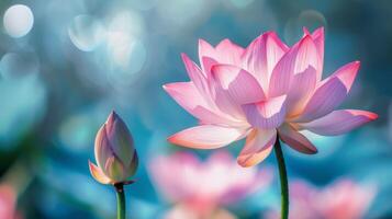 loto fiore nel fioritura con rosa petali e sereno bokeh natura sfondo foto