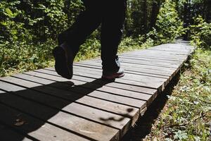 piedi nel stivali camminare lungo un' di legno pista nel il foresta, il trekking nel il estate su un' vacanza nel natura, passo su un' asse, eco parco, escursioni a piedi sentiero. foto