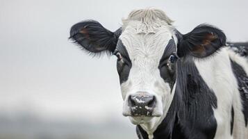 avvicinamento ritratto di mucca nel un' azienda agricola ambientazione con un' sereno natura sfondo foto