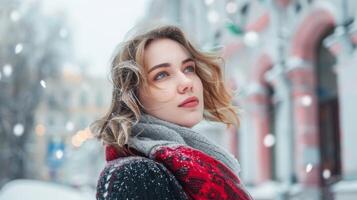 ritratto di un' donna all'aperto nel inverno in mostra bellezza, moda, e il nevoso ambiente nel Russia con un' messa a fuoco su sua sciarpa e bionda capelli foto