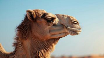 avvicinamento cammello colpo alla testa nel naturale deserto ambiente con dettagliato pelliccia e tranquillo blu cielo sfondo foto