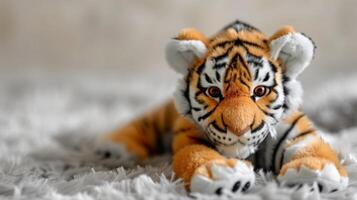 tigre giocattolo con soffice pelliccia nel un' giocoso e morbido ambientazione foto