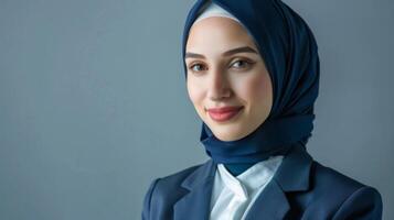 volo assistente nel hijab in mostra fiducia e professionalità nel elegante uniforme e Sorridi foto