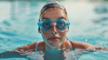 avvicinamento di un' nuotatore con occhiali nel il piscina mostrando acqua, berretto, addestramento, e concentrato atleta foto