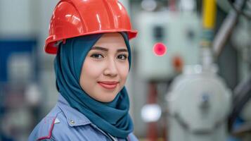 fiducioso donna elettricista nel hijab indossare sicurezza casco nel industriale ambientazione foto