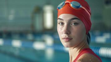 femmina nuotatore nel piscina con occhiali e berretto trasuda messa a fuoco e determinazione foto