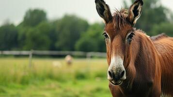 avvicinamento di un' mulo nel un' azienda agricola ambientazione con natura, pascolo, e recinto nel bokeh foto