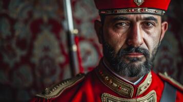 giannizzero nel ottomano storico uniforme in posa con grave espressione nel rosso fez foto