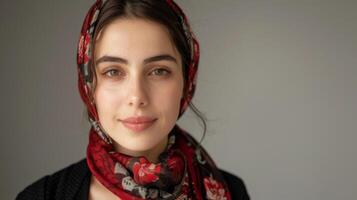 ritratto di un' sereno Turco donna indossare un' tradizionale foulard visualizzazione bellezza, eleganza, e culturale moda foto