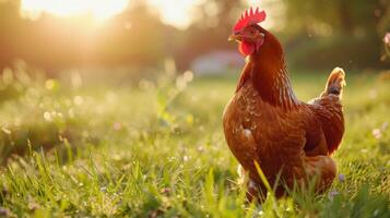 d'oro leggero bagna il pollo nel un' sereno azienda agricola ambientazione a Alba foto