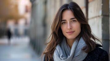 all'aperto ritratto di un' fiducioso e sorridente donna a partire dal Spagna con un' casuale, naturale bellezza foto