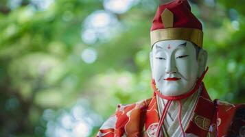 susano divinità maschera nel tradizionale shinto Giappone cerimonia con rosso costume e verde bokeh sfondo foto