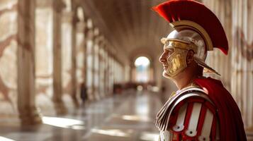 pretoriano guardia nel storico romano armatura con rosso pennacchio e capo sta guardia foto