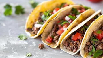 avvicinamento di delizioso Manzo tacos con messicano ingredienti piace pomodoro, coriandolo, cipolla, e fresco tortilla foto