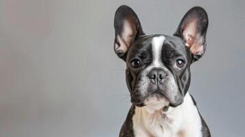 francese bulldog ritratto in mostra il razza mettere in guardia espressione e carino canino Caratteristiche foto