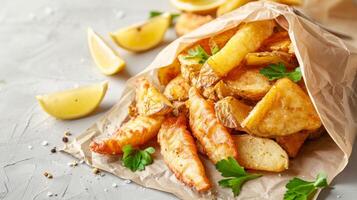 d'oro fritte pesce e patatine fritte con Limone e prezzemolo su rustico sfondo foto
