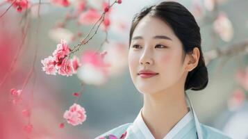 coreano donna nel tradizionale hanbok vestito con primavera fiorire porta eleganza e bellezza per cultura foto