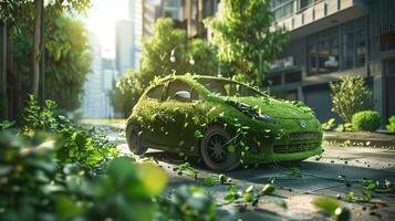 eco verde pulito energia, le foglie copertina il auto nel moderno città per sostenibile e rinnovabile ecologia ambiente. foto