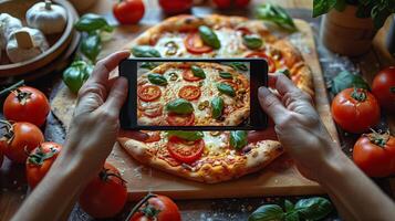 femmina mani assunzione foto di Pizza su smartphone. cibo consegna servizio. blogger assunzione immagine di delizioso peperoni Pizza a tavolo, avvicinamento. cibo fotografia.