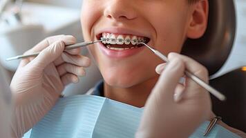 avvicinamento dentale bretelle su denti a dentale verifica, sorridente uomo mentre dentista Tenere dentale Strumenti. dimostrazione denti modello di ortodontico parentesi. ortodontico cura concetto. salutare Sorridi foto