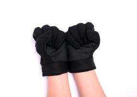 nero stoffa palma guanti con anti scivolo presa, isolato su bianca sfondo. foto