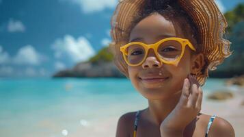 cura madre l'applicazione protezione solare su di figlia viso a tropicale spiaggia foto