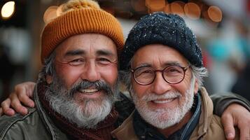 gioioso anziano uomini Abbracciare una persona e sorridente, in mostra un' forte legame nel un' invernale all'aperto ambientazione foto