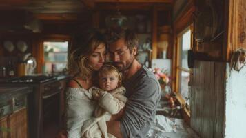 giovane famiglia godendo un' tranquillo, calmo momento nel accogliente cucina ambientazione foto