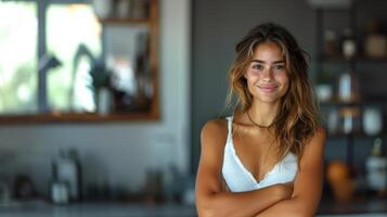 ritratto di un' fiducioso giovane donna sorridente nel un' moderno cucina foto