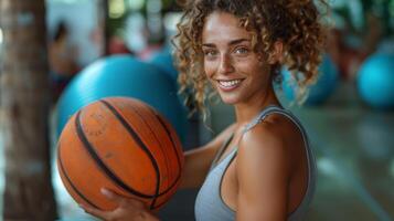 radiante femmina allenatore con pallacanestro nel Palestra sorrisi a telecamera foto