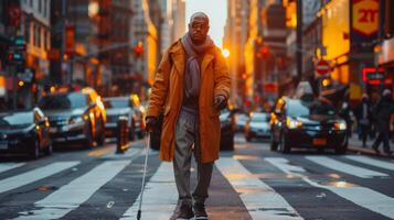 fiducioso cieco uomo attraversamento occupato città strada a tramonto, utilizzando bianca canna foto