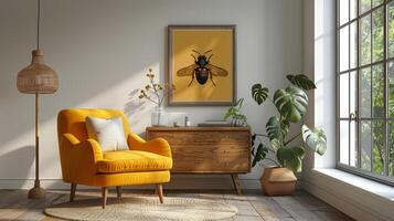 elegante minimalista vivente camera con grassetto giallo poltrona e ispirata alla natura arredamento foto