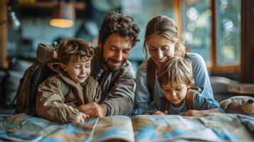 giovane famiglia pianificazione vacanza insieme, genitori con bambini guardare a carta geografica foto