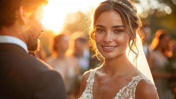 radiante sposa e bello sposo godendo tramonto a loro nozze ricezione con ospiti foto