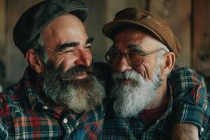 sorridente fricchettone figlio abbracciare anziano padre con barba. Due generazioni di uomini godere incontro su Il padre di giorno. foto
