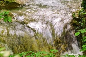 montagna ruscello nel il foresta - lungo esposizione e fluente acqua foto