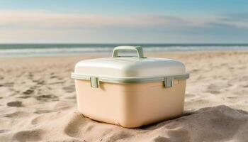 ghiaccio scatola, bevanda più fresco, portatile frigo su il spiaggia, foto